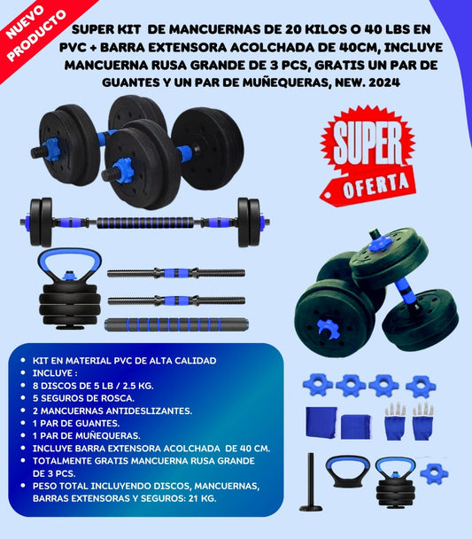 KIT MANCUERNA 20KG 8 DISCOS+MANC RUSSA-G